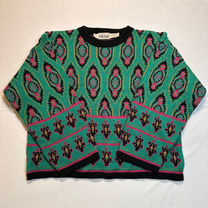 Michel | Vintage 1990s Cropped Metallic Geometric Knit Sweater | Jewel Tone | M